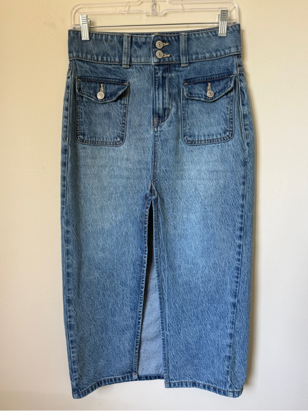 Free People We The Free Denim Midi Split Slit Skirt Double Button Size 25